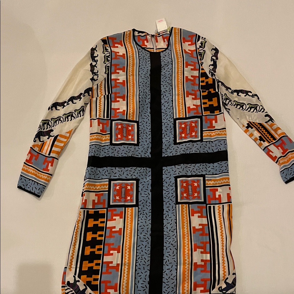 MSGM Geometric Long Sleeve Dress in Blue and Orange